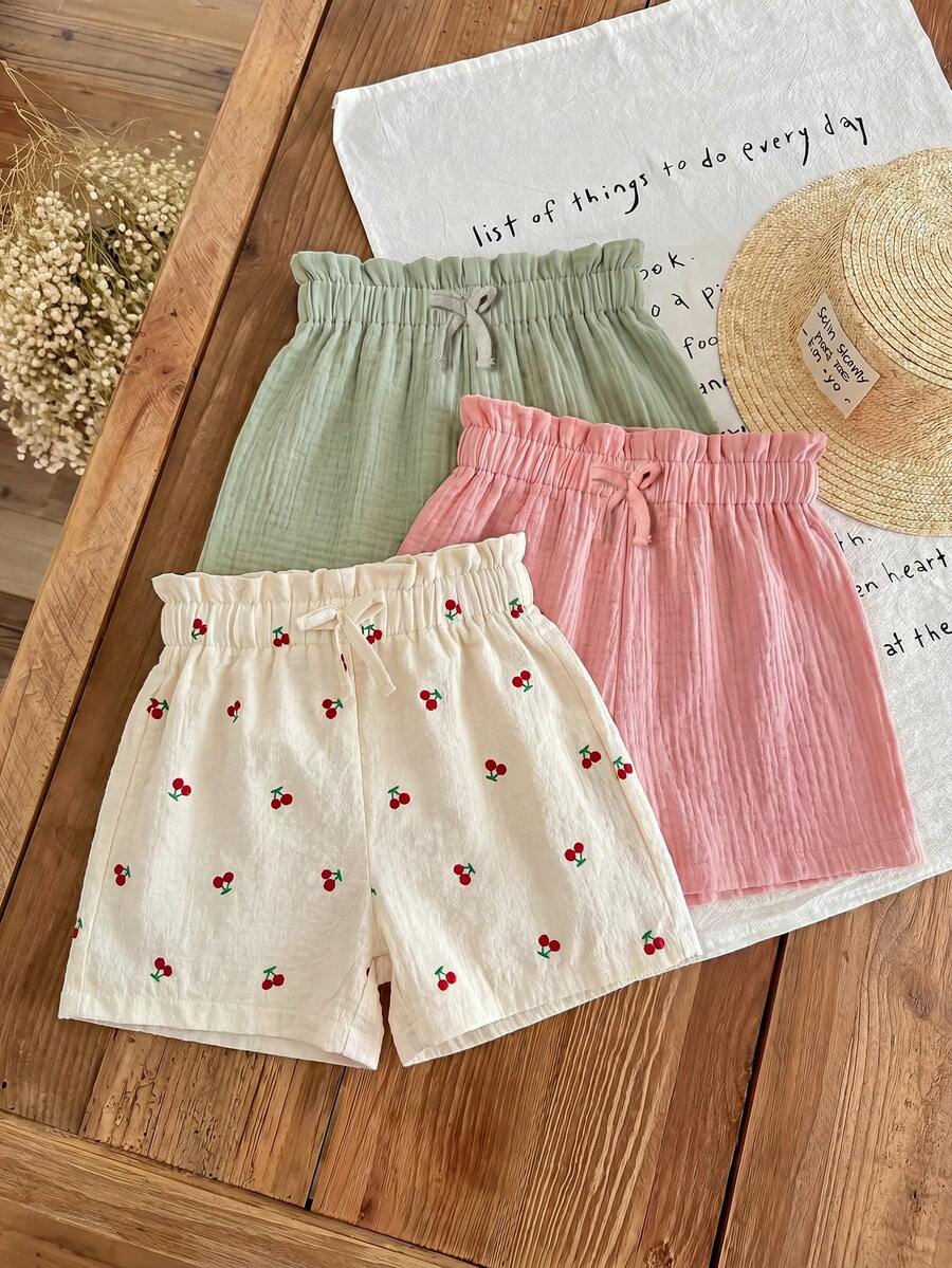 SHEIN LMoss Kids LMoss 女童三件套休闲夏季套装:梭织柔软双层纱褶边短裤,松紧腰带,纯色,百搭透气 - 彩色 - 查看 1