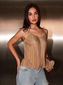 Bris Aura Women's V-Neck Pleated Spaghetti Strap Camisole Casual Summer - Khaki - View 3
