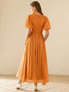 BELROSIE New Arrival Shiny Luxury V-Neck Drawstring Waist Flared Hem Short Sleeve Dress - Orange - View 6