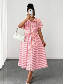 Maweii Plus Size Women Summer Bowknot Decor Pink & White Striped Dress - Hot Pink - View 3