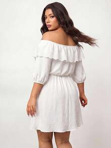 Enliva Vestido Blanco Talla Grande con Hombros Descubiertos, Volantes, Ajuste Holgado y Manga Corta, Para Body Forma de Manzana y Redondeado - Blanco - Ver 3