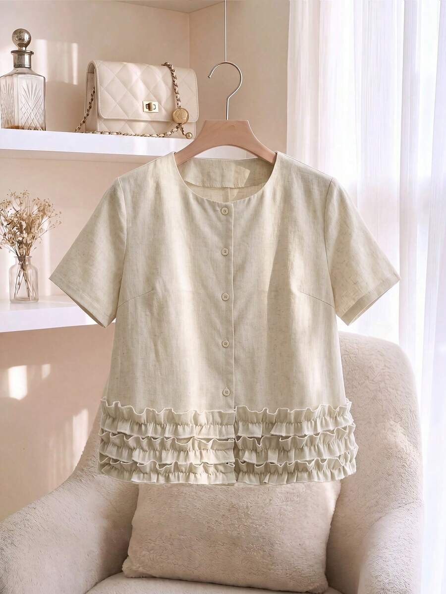CosyJoli Áo sơ mi nữ cỡ lớn cổ tròn tay ngắn kiểu dáng thường ngày - Màu be - Xem 1
