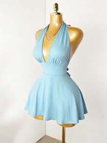 Mistrie Black Tight-Fitting Romper With Deep V-Neck, Backless Strap - Baby Blue - View 7