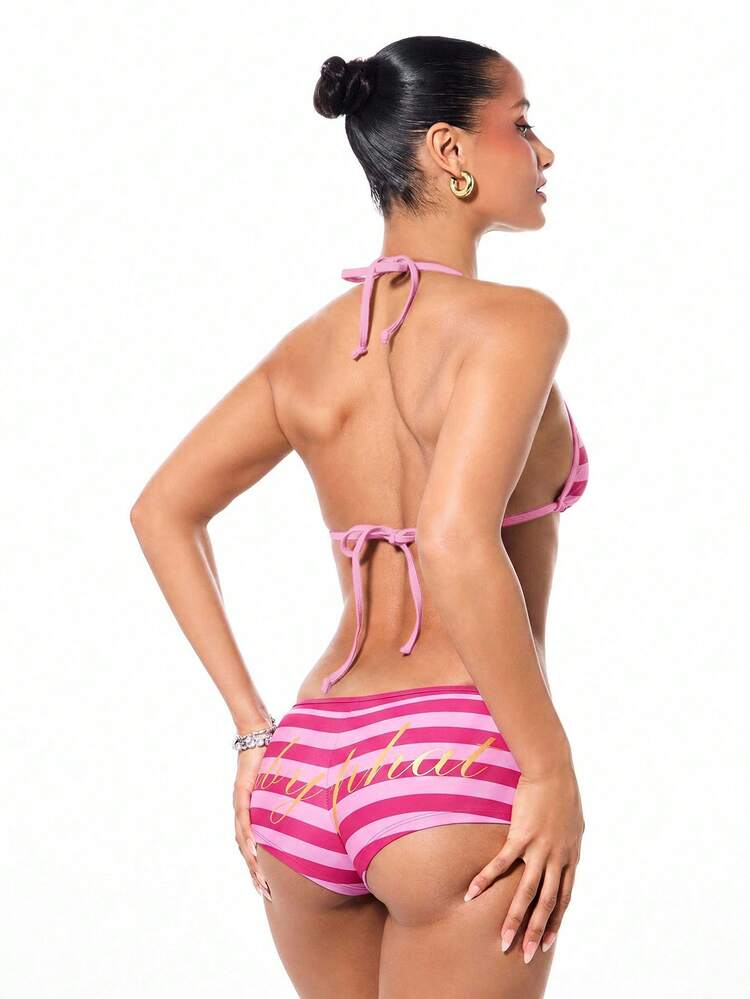 BABYPHAT Trójkątny top bikini z poziomymi paskami, strój kąpielowy typu halter, plaża, wakacje, impreza przy basenie, różowy, pasiasty top kąpielowy