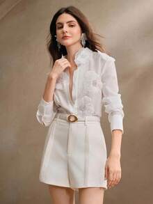 Anewsta Women's Stand Collar Long Sleeve Blouse With 3D Crystal Embroidery, Transparent & Fashionable Modest Design, For Spring - White - View 3