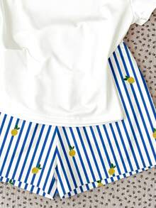 2pcs/Set Teen Girl Sweet Retro Cream Lemon Bow Print Casual Loose Round Neck Short Sleeve T-Shirt And Striped Shorts, Suitable For Spring/Summer - Multicolor - View 4