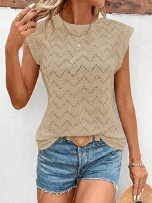 SHEIN LUNE Women's Solid Color Round Neck Hollow Design Casual Boho Sexy T-Shirt Everyday Pastal Summer Travel Golf Vacation Orange - Khaki - View 4