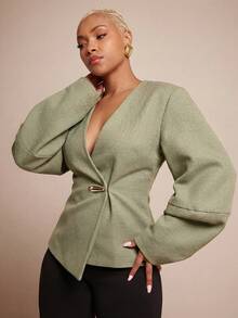 Vixey Áo blazer tay phồng dáng kén, chất liệu dệt thô, cài một nút. - xanh quân đội - Xem 3