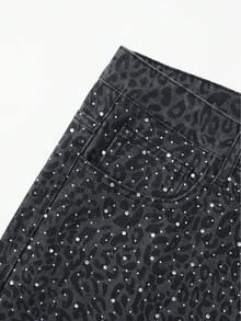 ROMWE MEN Street Life Pantalones cortos vaqueros casuales para hombres con bolsillo con aplicaciones de strass con estampado de leopardo - Multicolor - Ver 6