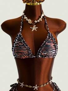 Swim SXY Sexy Tiger Print Micro Triangle Spaghetti Strap Halter Bikini Top, Tie Side Triangle Bottoms, And Ruffle Mesh Skirt 3-Piece Swimwear Set Beach - Multicolor - View 6