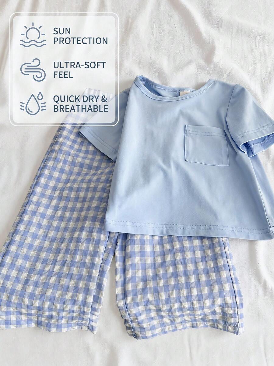 SHEIN Vintaside Kids Set de 2 piezas de top de manga corta casual y pantalones a cuadros para bebé niño, adecuado para el verano, el hogar y los viajes