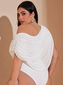 Mono de mujer de talla grande de unicolor con tirantes de espagueti fruncidos, de moda para vacaciones, primavera/verano, otoño/invierno. Mono elegante ajustado de - Blanco - Ver 2