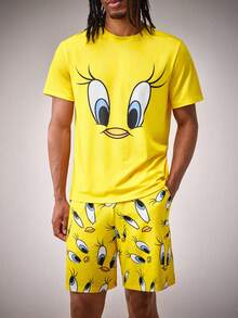 LOONEY TUNES X SHEIN 男士舒适卡通图案圆领短袖T恤短裤睡衣套装，夏季 - 黃色 - 查看 3