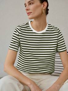 MOTF PREMIUM WOMEN'S ALL-MATCH ROUND NECK SHORT SLEEVE T-SHIRT, CASUAL VERSATILE STRIPED TOP FOR SUMMER - Green - View 6