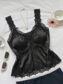 Comfortcana 女士优雅黑色蕾丝拼接蝴蝶结装饰吊带背心，夏季服装，缎面蕾丝拼接，内置衬垫胸罩 - 黑色 - 查看 6