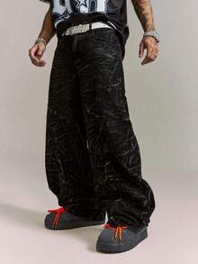 CRAVYNX Pleated Design Distressed Washed Black Denim Wide Leg Hiphop Jeans - Black - View 3