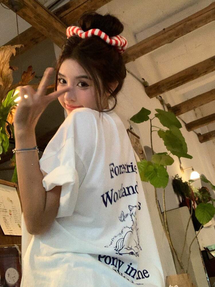 Women's Round Neck Korean Style Letter Print Short Sleeve T-Shirt, Spring/Summer