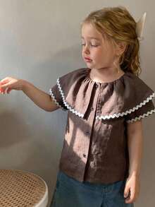 DAZY Young Girls Contrast Color Ruffle Trim Casual Korean Style Short Sleeve Blouse, Spring/Summer - Coffee Brown - View 3