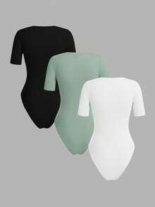 SHEIN BASICS 3件套休闲纯色针织圆领短袖连体衣（女款） - 彩色 - 查看 2