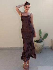 Bris Aura 3D Floral Sexy Slim Brown Suspender Dress Autumn Wedding Guest Dress Women Slim Maxi Dress Evening Dress Female Spaghetti Strap Cocktail Dress, Elegant Formal Dress Suitable For Nightclub, Party, Christmas Big Sexy Backless Tight Maxi Fishtail Dress, Suitable For Autumn Party Romantic Date - Brown - View 4