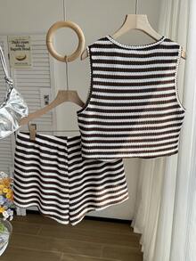 Comfortcana Plus Size Women Striped Round Neck Top And Shorts Casual Daily Outfit - Brown - View 2