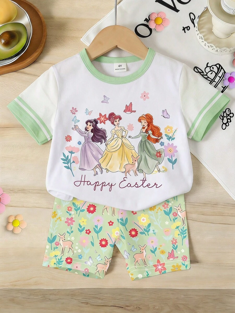 Baju Anak Perempuan Lengan Pendek Kerah Bulat dengan Trim Kontras dan Motif Huruf & Kartun, Pakaian Kasual Sehari-hari - MultiWarna - View 1