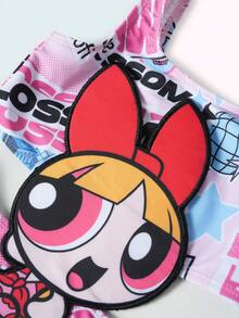 THE POWERPUFF GIRLS X SHEIN Maija Kids 1件装少女休闲优雅度假精准合身可爱图案连体泳衣，适合泳池、海滩、海边、沙滩派对、假日派对、春季、夏季穿着。 - 粉色 - 查看 1