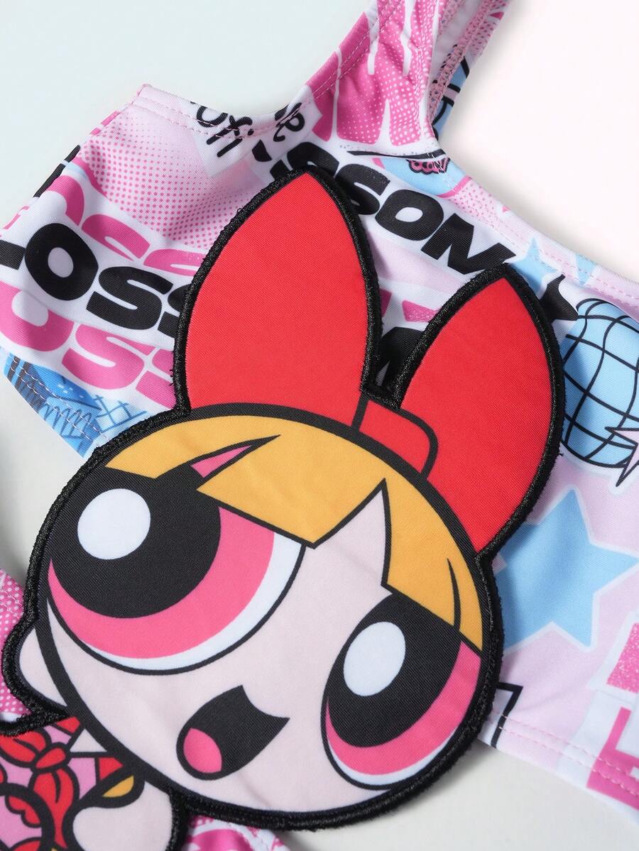 THE POWERPUFF GIRLS X SHEIN Maija Kids 1件装少女休闲优雅度假精准合身可爱图案连体泳衣，适合泳池、海滩、海边、沙滩派对、假日派对、春季、夏季穿着。 - 粉色 - 查看 1