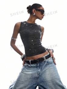 LYSMO Plus Size Casual Minimalist Y2K Style Washed Sleeveless Top - Dark Grey - View 1