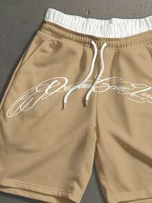 StoneGrade Pantalones cortos casuales con bolsillos y doble capa en la cintura con estampado de letras para hombres - Caqui - Ver 3