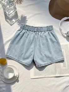 SHEIN Teen GirlCasual Denim Shorts, New Arrival, Fashionable Minimalist Design, Drawstring Waist, Light Blue Washed Soft Jeans Shorts - Light Wash - View 2