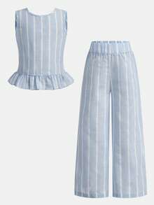 SHEIN Young Girl Casual Plaid Criss-Cross Top And Long Pants Set, Suitable For Daily Wear And Vacation - Blue - View 9