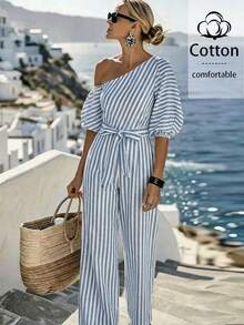 SHEIN LUNE Women's Summer Stripe Stripe Boho Holiday Vacation Holiday Asymmetrical Shoulder Jumpsuit,Cinched Waist Loose Elegant Chic Outfit Vacation - Blue and White - View 1