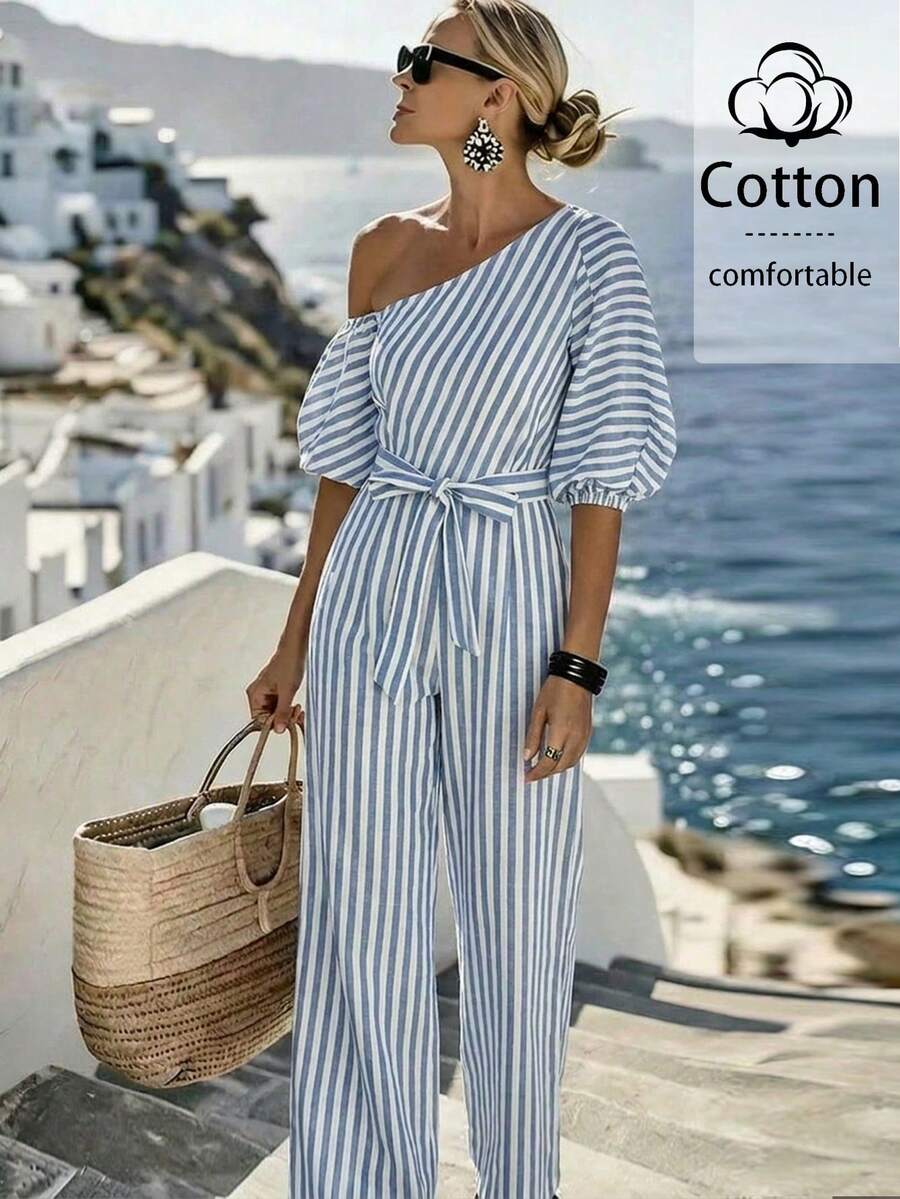 SHEIN LUNE Women's Summer Stripe Stripe Boho Holiday Vacation Holiday Asymmetrical Shoulder Jumpsuit,Cinched Waist Loose Elegant Chic Outfit Vacation - Blue and White - View 1