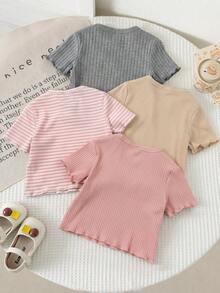 SHEIN Baby Girl Comfortable Ribbed Crew Neck Short Sleeve Top, Summer - Multicolor - View 2
