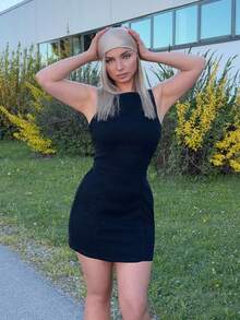 Jeta Ari 女款時尚性感短版綁腰無袖牛仔迷你洋裝休閒風 - 黑色 - 查看 5