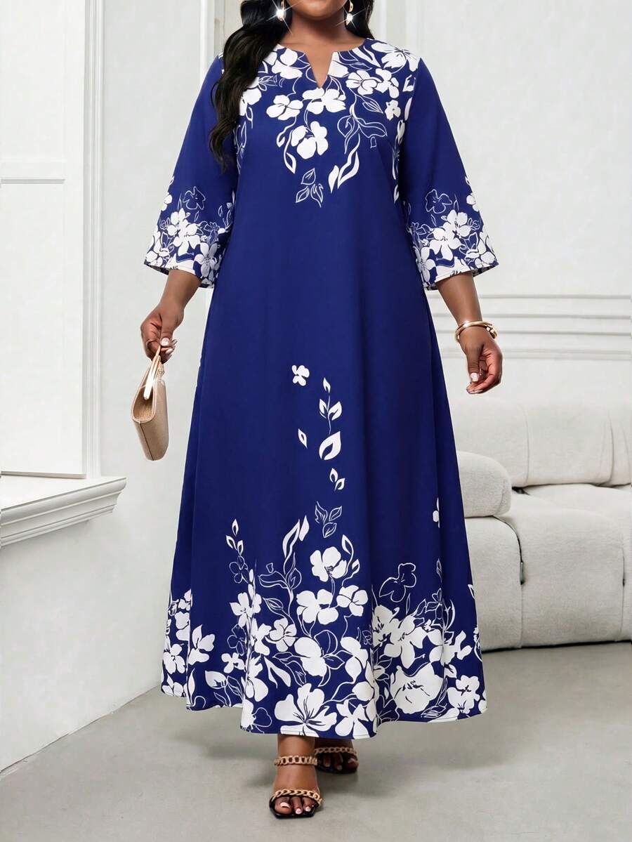 SHEIN Lady CURVE Đầm dự tiệc và du lịch in hoa dành cho nữ cỡ lớn - Nhiều màu - Xem 1