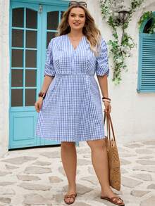 SHEIN CURVE+ Abito estivo semplice con maniche a sbuffo e scollo incrociato, disponibile nei colori blu, oro, giallo, blu e bianco. Abito estivo da donna con maniche a sbuffo. Abito da picnic. Set primaverile da donna. Abito primaverile da donna, abito estivo, abbigliamento primaverile - Blu e Bianco - Visualizzare 7