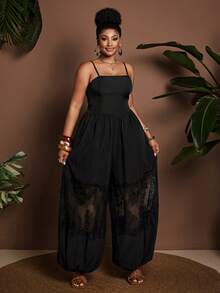 Maweii Plus Size Sexy Lace Trim Off-Shoulder Backless Jumpsuit - Black - View 5