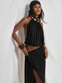 MUSERA High Neck Voluminous Ruched Waistband Panelled Open Back Top Cute Holiday Sexy Night Out Vacation Spring Summer Elegant Soleil Drape - Black - View 2