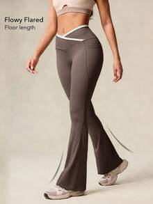OutZeal Pantalones de mujer para exteriores, gimnasio, yoga, senderismo, de secado rápido y transpirables, con cintura cruzada y piernas acampanadas, leggings deportivos para primavera y verano - Marrón - Ver 3