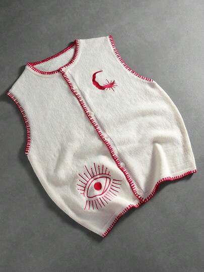 ROMWE MEN Street Life Áo vest nam dệt kim cài nút phía trước, đường chỉ đỏ, thêu hình mắt và mặt trăng