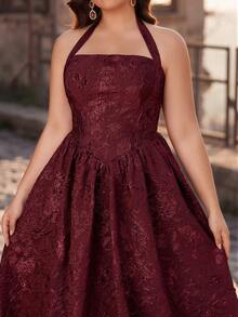 Aureia Elegant, , Fashionable Wine Red Jacquard Fabric Halter Dress, Party Wedding Guest Plus Size Bridesmaid Formal Evening Gown - Burgundy - View 6