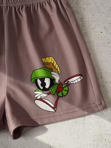 LOONEY TUNES X SHEIN Baby Boy Summer Casual Daily Commute Cartoon Print Contrast Color Short Sleeve T-Shirt And Shorts Set - Dark Green - View 5