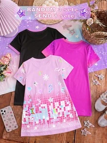 [GỬI NGẪU NHIÊN 6 MÓN, 1 BỘ] Váy ngắn tay lửng dáng suông họa tiết hoạt hình cô gái, màu ombre Dopamine, ngôi sao K-Pop, phong cách Chill Chill, thích hợp cho mùa hè. - Nhiều màu - Xem 2