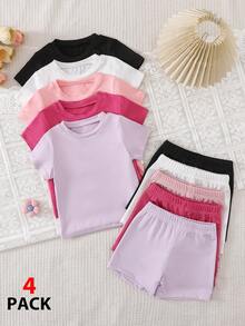 SHEIN Playful Pals 5套女嬰休閒粉色黑白色純色圓領短袖柔軟T恤與短褲套裝，日常春夏季穿搭 - 彩色 - 查看 4