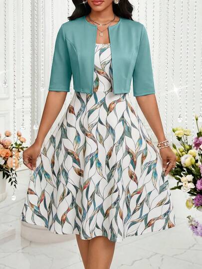 SHEIN Lady Women's Leaf Print Dress And Solid Color Cardigan Casual 2 Pieces Set