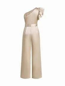 Ellevyn Bộ jumpsuit buộc dây, xếp nếp, vai lệch, có bèo nhún - Rượu sâm banh - Xem 2