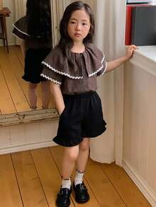 DAZY Young Girls Contrast Color Ruffle Trim Casual Korean Style Short Sleeve Blouse, Spring/Summer - Coffee Brown - View 5