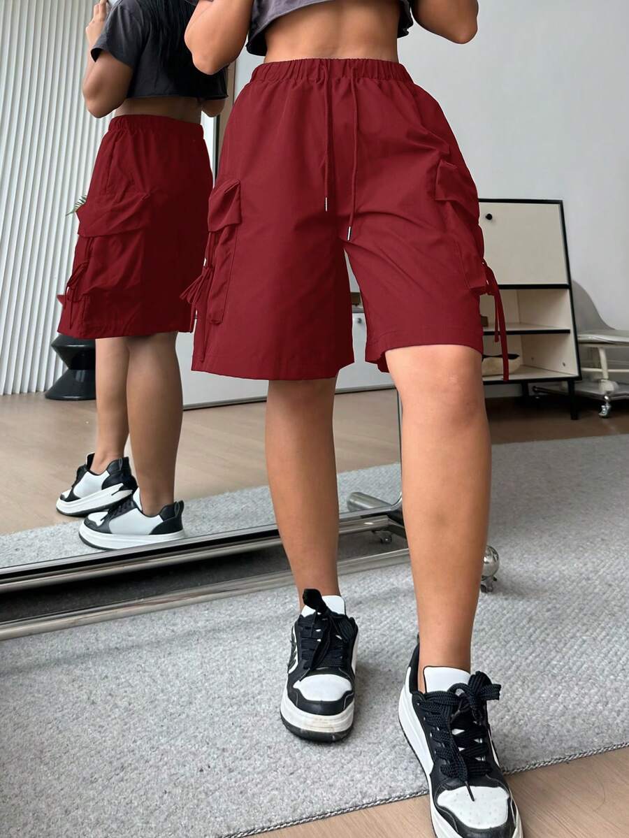 SHEIN BASICS 休閒純色梭織高腰寬鬆寬腿工裝口袋百慕達女款短褲